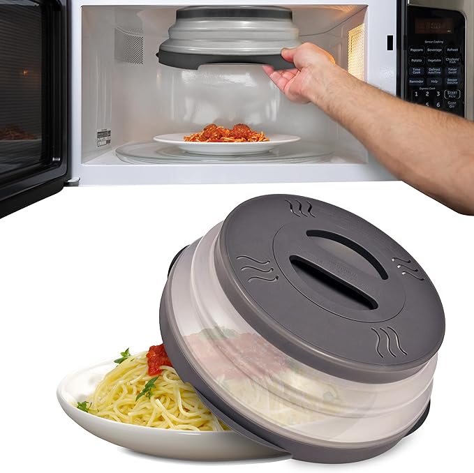 Stronger Magnet Microwave Splatter Cover with stronger magnetic grip, Collapsible 12-Inch BPA-Free Food Lid, Vented Plate Guard, Dishwasher Safe, Space-Saving Magnetic Storage - Gray 2-Pack