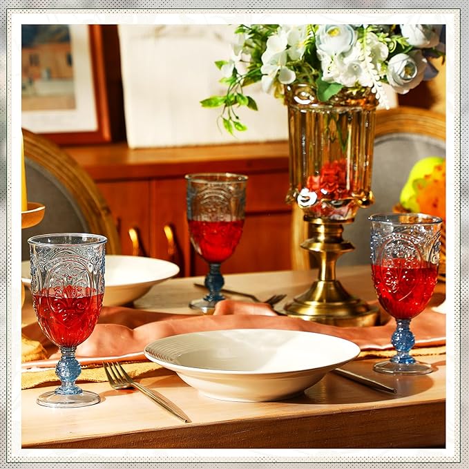 36 Pack Plastic Goblets 10oz Upgrade Vintage Water Goblet Plastic Wine Glasses Colored Retro Embossed Glassware for Party Wine Bar Juice Baby Shower Wedding Reception Grand (Blue)