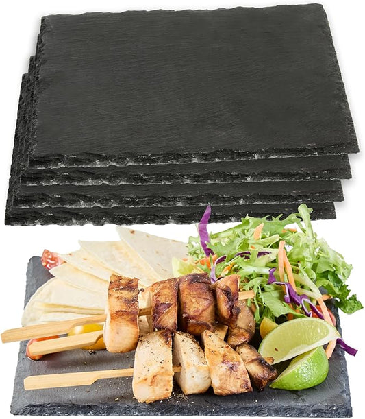 Restaurantware Slate Serving Trays 10 Pack of 8 x 8" Foam Feet Charcuterie Stone Plates Rustic Edges Freezable Black Square Serving Display Cheese Boards for Kitchen, Dining, Parties