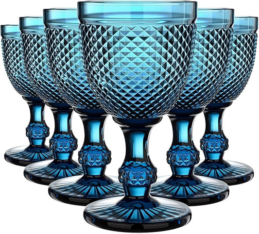 Bokon 6 Pack Blue Glass Goblets Set 10 oz High Clear Wine Glass Vintage Water Goblets Cups Embossed Diamond Design Glassware with Stem for Drinking Juice Liquor Party Wedding Bar