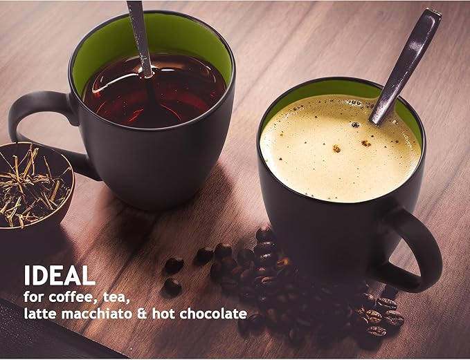 MIAMIO - Set of 6 Stoneware Coffee Mugs 12 Ounce/Cup Set - Le Papillon Collection (Black-Green)