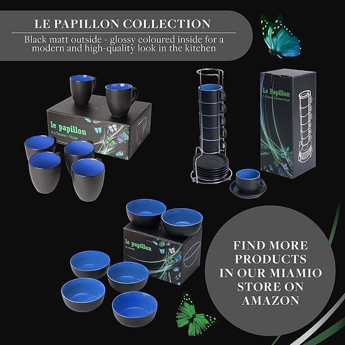 MIAMIO - Set of 6 Stoneware Coffee Mugs 12 Ounce/Cup Set - Le Papillon Collection (Black-Blue)