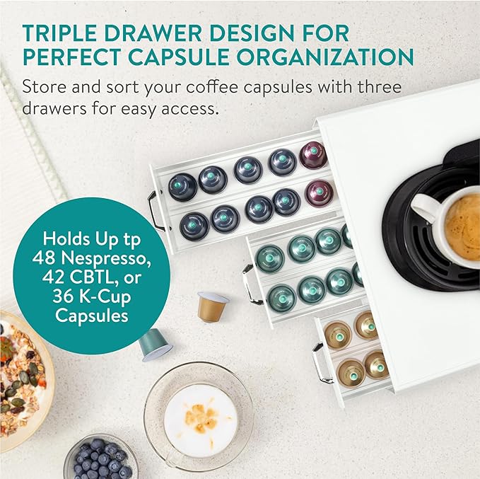 Navaris Coffee Capsule Triple Drawer - Coffee Pod Storage Drawer - Space-Saving Coffee Pods Organizer for Your Kitchen - Coffee Holder for Countertop - Fits Up to 48 Cups - White