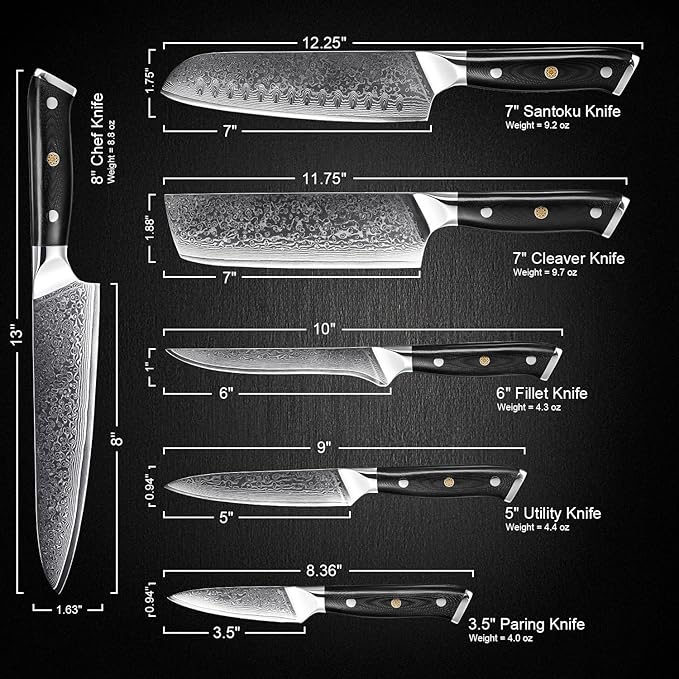 SENKEN 6-Piece Damascus Steel Kitchen Knife Set - Shogun Collection - 67-Layer Japanese VG10 Steel - Chef's Knife, Cleaver Knife, & More, Extremely Sharp Blades for Effortless Cutting, Luxury Gift Box