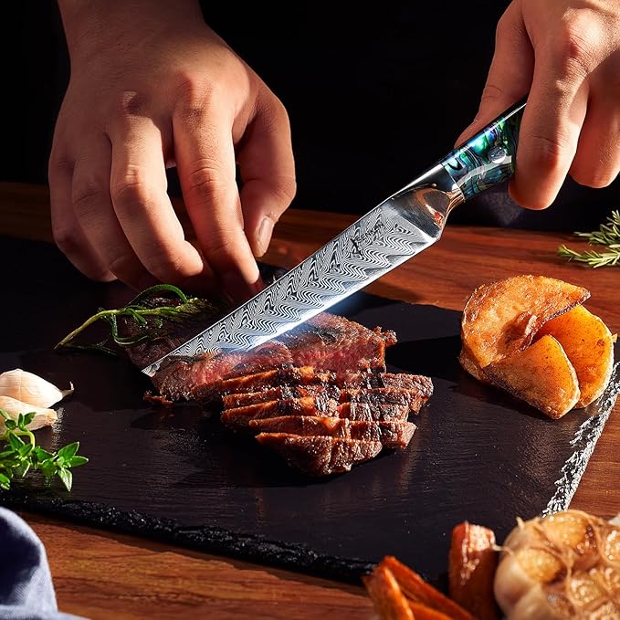 SENKEN 4-Piece Damascus Steak Knife Set, Non-Serrated Blades, Real Abalone Shell Handle, "Umi" Collection Japanese Straight-Edge Steak Knives, Japanese VG10 Steel 67-Layer Damascus