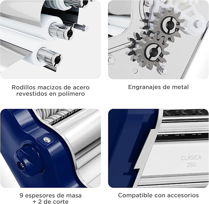 PASTALINDA Classic 260 Pasta Maker Machine, 26 cm Wide Rollers, 9 Thickness Positions, 2 Cutting Positions, Stainless Steel. Includes Reinforced Hand Crank And Two Clamps (Navy blue)