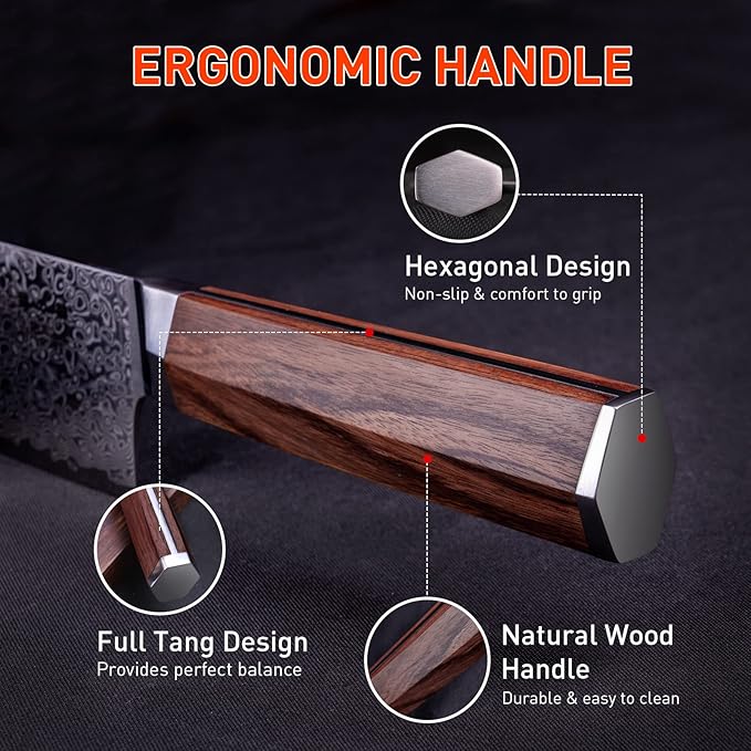 Slicing Knife 8 inch Damascus VG-10 Super Steel 67-Layer Damascus Slicing Carving Knife with Hexagon Natural Wood Handle for Beautiful Thin Slices of Pork, steak, brisket, and Poultry