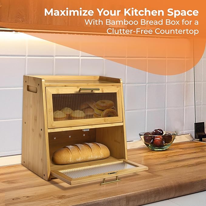 Bamboo Bread Box for Kitchen Countertop, Large Dual-Layer Breadbox Provides Double the Bread Storage Space, Holds Multiple Loaves, Durable & Beautiful with Frosted Acrylic Panels