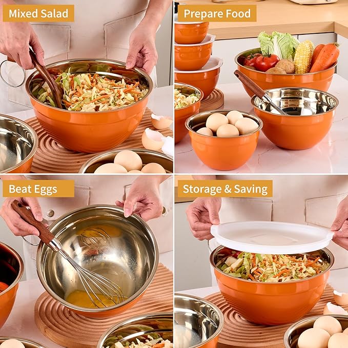 Orange Mixing Bowls with Airtight Lids, Stainless Steel Nesting Mixing Bowls Set of 7, Ideal for Baking, Prepping and Serving Food, Size 7, 3.6, 2.7, 2.1, 1.5, 1.1,0.8 QT, Stackable Design