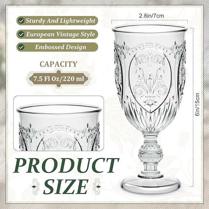 48 Pcs Plastic Goblets 7.5oz Vintage Goblet Plastic Wine Glasses Colored Retro Embossed Water Goblets for Wine Bar Juice Baby Shower Wedding Reception Grand Event Party (Clear)