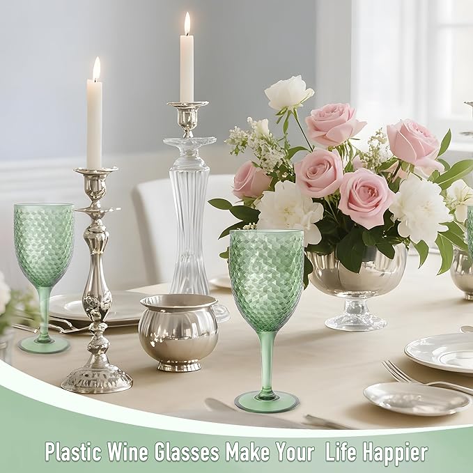 24PCS Green Plastic Wine Glasses 13oz,Acrylic Goblets Toasting Glassware,Unbreakable Cups Drinking Glasses for Bar Party,Wedding
