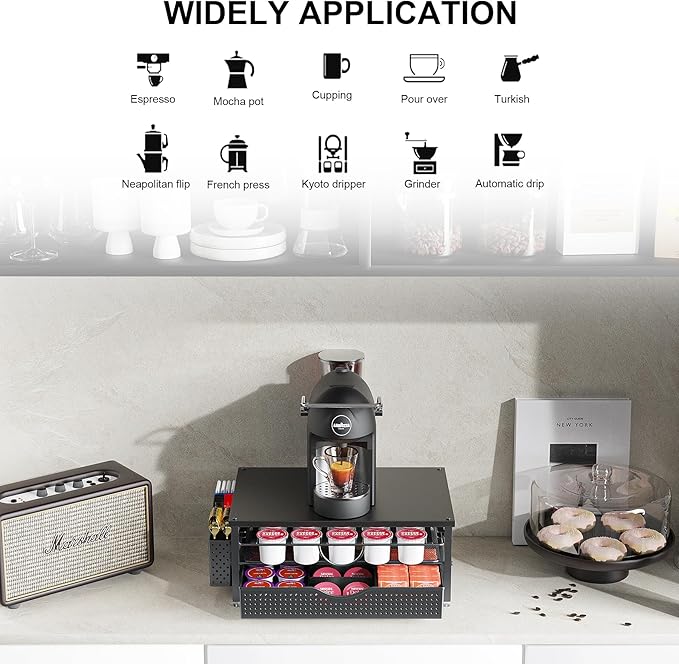 K Cup Holder, Coffee Pod Holder with 2 Tier Sliding Storage Drawer and 1 Hanging Basket for 51 Large or 73 Small Capsule,K Cup Coffee Station Organizer Accessories for Counter,Home,Office,Kitchen