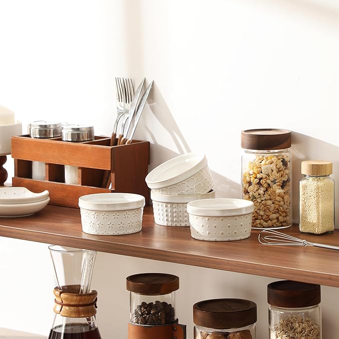 MALACASA Ramekins 6 Oz Oven Safe, Ceramic Creme Brulee Souffle Dishes, Pudding Custard Cups Ramekin For Baking, Small Dipping Sauce Bowls, Set of 4, Microwave and Dishwasher Safe, Arctic White