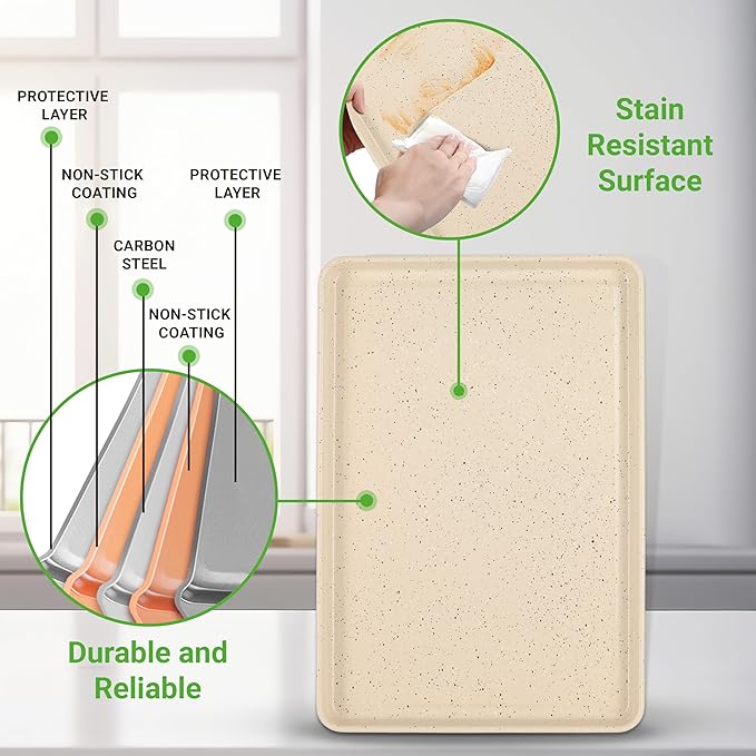 NutriChef 8-Piece Stackable Bakeware Set - Carbon Steel Non-Stick Baking Pan Set, Sheet, Muffin, Round, Loaf, Square Cake & Deep Pans, 450°F Heat Resistant, Standard & Convection Ovens (Marble Cream)