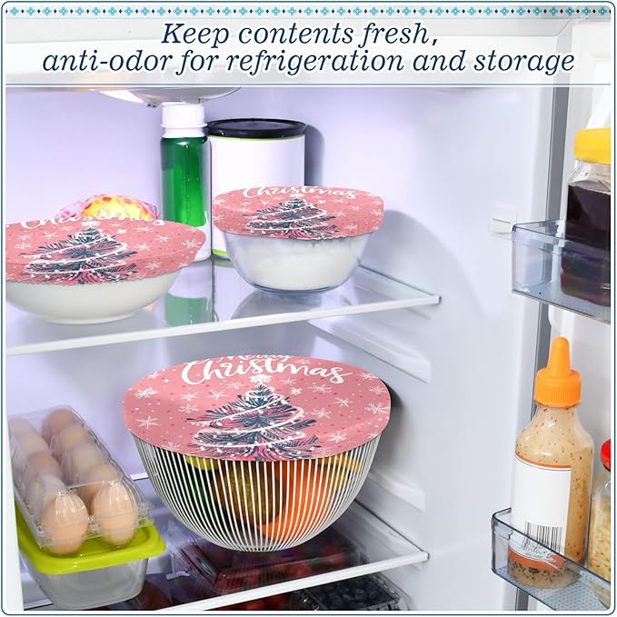 5 Pcs Bowl Covers Reusable in 5 Size Elastic Food Cover Cloth Lids Fresh Keeping Dish Cookware Bakeware Fabric Covers Lids for Food Leftovers Fruits Storage Pink Christmas Tree