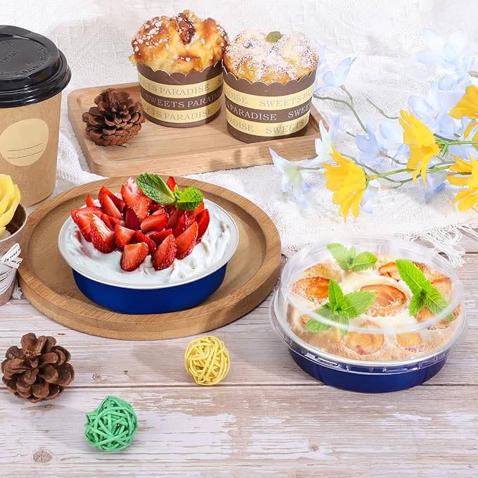 Beasea Mini Tart Pan 100 Pack with Lids, 4 Inch 8oz Blue Disposable Aluminum Baking Foil Tins Small Round Tart Container for Individual Dessert Cupcake Muffin Cheesecake Ramekins Quiche Oven Dishes
