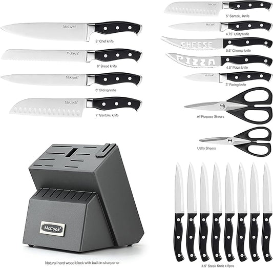 McCook® Knife Sets, German Stainless Steel Forged Kitchen Knives Block Set with Built-in Knife Sharpener