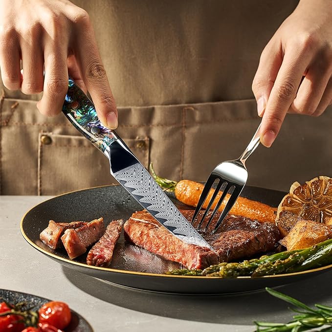 SENKEN 6-Piece Damascus Steak Knife Set, Non-Serrated Blades, Real Abalone Shell Handle Handle, "Umi" Collection Japanese Steak Knives, Japanese VG10 Steel 67-Layer Damascus