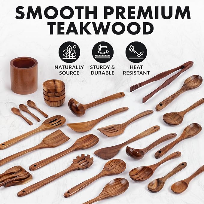 Zulay Kitchen 30-Piece Teak Wooden Utensils - Natural Teak Cooking Utensils with Premium Gift Box - Non-Stick Wooden Spoons - Kitchen Gift Set - Comfortable Grip