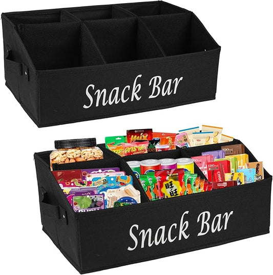 2 Pack Snack Organizer for Countertop With Handles - 6 Compartment Box Basket, Bar Station, Kitchen Cabinet Pantry Storage - Black