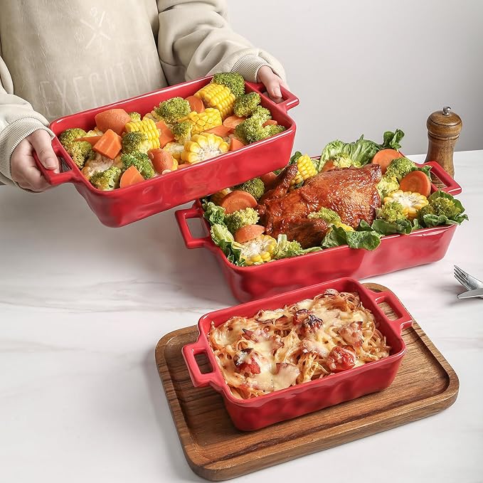 VICRAYS Ceramic Bakeware Set, Porcelain Rectangular Baking Dish, Baking Pan Lasagna Pans Casserole Dish Set for Cooking, Kitchen, Cake Dinner, Banquet and Daily Use, 3 PCS, 15 x 8.5 Inches (Red)