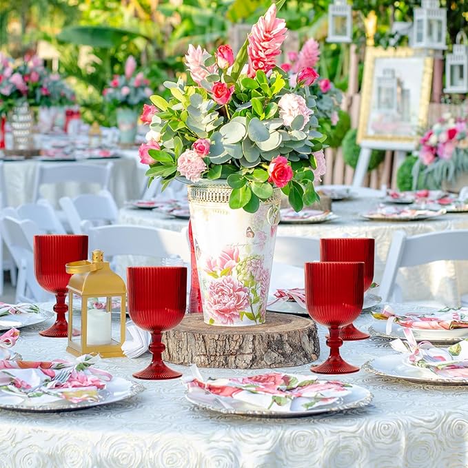 24 Pcs Red Vintage Wine Glasses, 11 Ounces Colored Glass Water Goblets, Unique Embossed Pattern High Clear Stemmed Glassware Wedding Party Bar Glass Drinking Cups Fancy Glasses Set Hand Wash Only