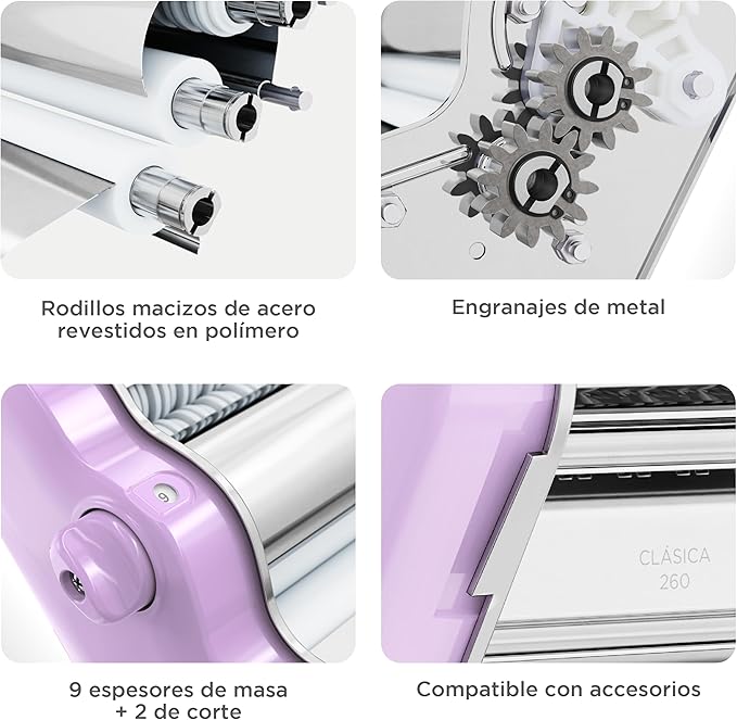 PASTALINDA Classic 260 Pasta Maker Machine, 26 cm Wide Rollers, 9 Thickness Positions, 2 Cutting Positions, Stainless Steel. Includes Reinforced Hand Crank And Two Clamps (Lilac)