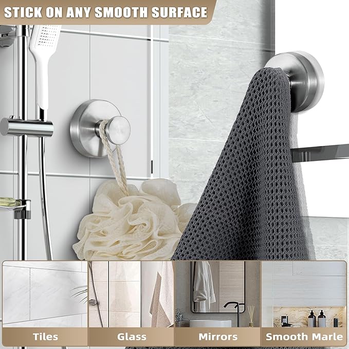 Suction Cup Hooks for Shower No-Drill Bathroom Hooks for Towels, Robes, Loofah Mountable on Bathroom Walls, Kitchen, Glass, Mirrors, Tile and Smooth,Non-Porous Surfaces (4, Brushed Nickel)