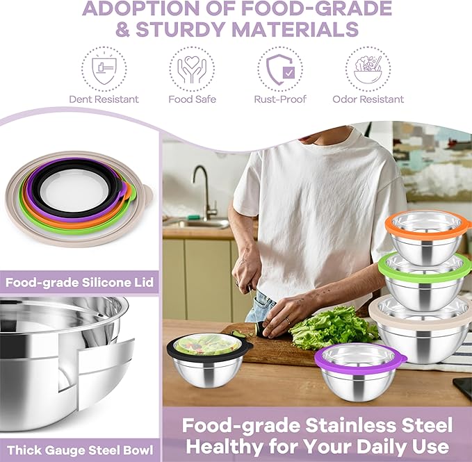 TeamFar Mixing Bowl Set, 4.5/3/1.5/1/0.7 QT Stainless Steel Nesting Salad Bowls with Visible Lids, For Serving/Mixing/Storing, Non-Toxic & Heavy Duty, Airtight & Easy Clean, Multi-Color, Set of 5