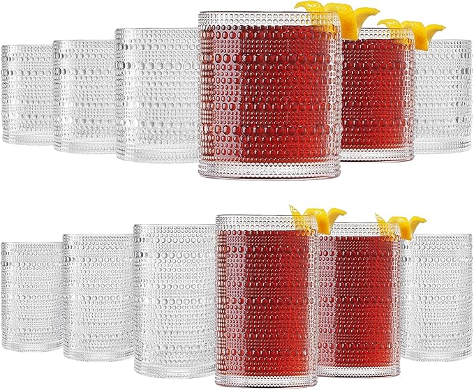 Khen Plastic Hobnail Drinking Glasses Set of 12 Clear Color Cups 6x 10oz Lowball & 6x 1oz Highball Acrylic Beaded Design, BPA-Free, Dishwasher Safe Indoor/Outdoor Drinkware Water, Juice, Cocktails