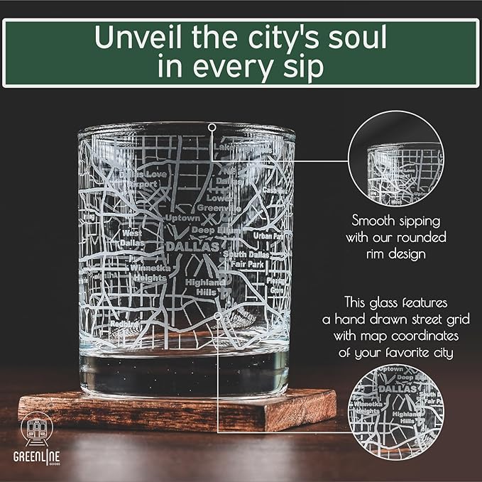 Greenline Goods Whiskey Glasses - 10 Oz Tumbler Set for Dallas lovers, Etched with Dallas Map Old Fashioned Rocks Glass - Set of 2