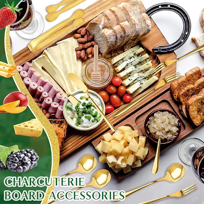 Charcuterie Board Accessories, 18 Pcs Gold Stainless Steel Spreader Knives Set Include Mini Serving Tongs, Cheese Butter Knives, Spoons, Forks, Honey Dippers