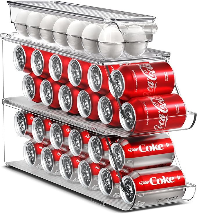 Sorbus Soda Can Organizer for Refrigerator & Egg Holder for Fridge Set, 2 Stackable Can Holder Dispenser Holds 12 Cans Each & 1 Egg Holders with Lid holds 14 eggs for Fridge, Pantry, Freezer, BPA-Free