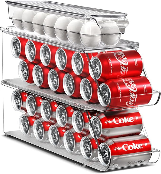 Sorbus Soda Can Organizer for Refrigerator & Egg Holder for Fridge Set, 2 Stackable Can Holder Dispenser Holds 12 Cans Each & 1 Egg Holders with Lid holds 14 eggs for Fridge, Pantry, Freezer, BPA-Free