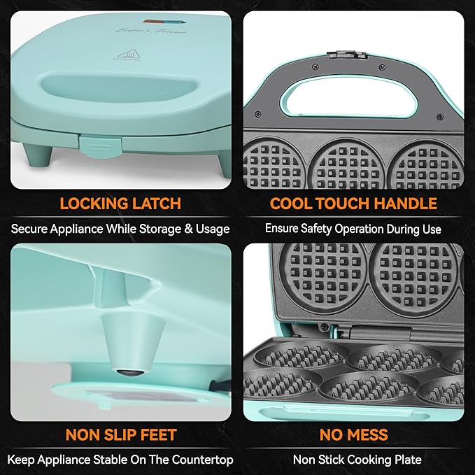 Baker's Friend Multi Mini Waffle Maker Machine, 6 x 3'' Small Waffle Iron, Perfect for Families and Individuals Use, Excellent Choice for Breakfast Brunch Parties & Events, Aqua