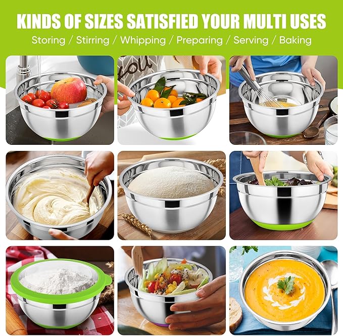 P&P CHEF Multicolor Mixing Bowls Set of 6, Stainless Steel Mixing Bowl with Visible Lids for Salad, Metal Nesting Serving Bowls for Kitchen Cooking Prepping Storing Food, 4.6/3.5/2.6/2/1.5/1 QT