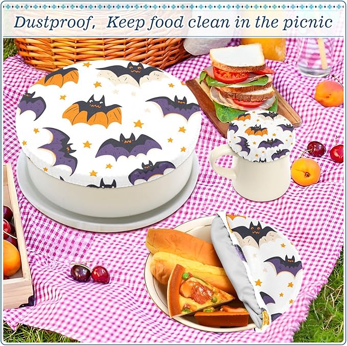 5 Pcs Bowl Covers Reusable in 5 Size Elastic Food Cover Cloth Lids Fresh Keeping Dish Cookware Bakeware Fabric Covers Lids for Food Leftovers Fruits Storage White Halloween Bats and Stars