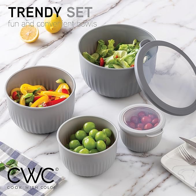 COOK WITH COLOR Prep Bowls with Lids- Wide and Deep Nesting Plastic Small Mixing Bowl Set with Lids, 12 Piece Set - Deep Bowls, Gray