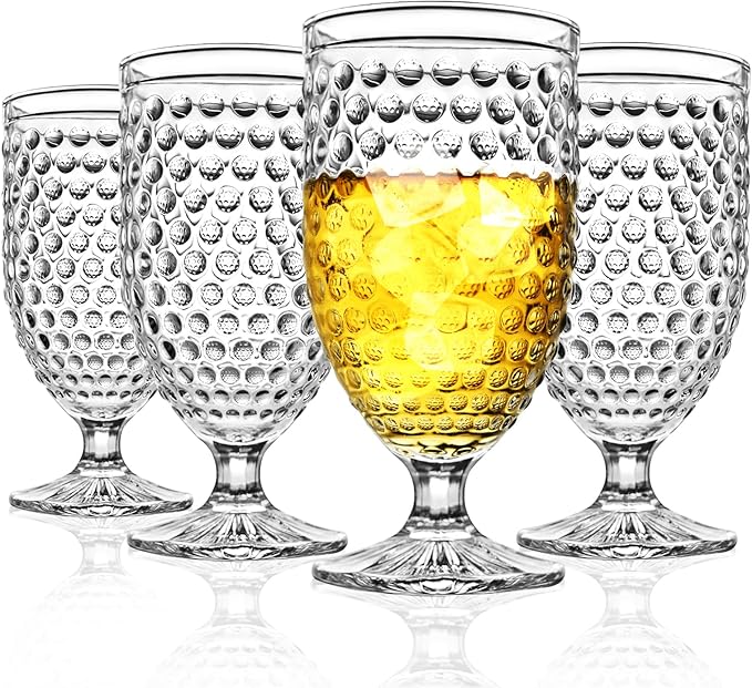Hobnail Glass Goblets 16.9 Oz, Stemmed Water Glasses, Iced Tea Goblets, Vintage Drinking Glasses for Beverages, Set of 4 (Clear)