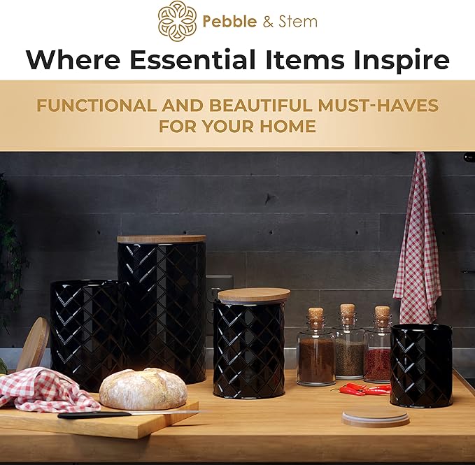 Pebble & Stem® Black Metal Canister Set for the Kitchen Counter, Food Canister Set of 4, Airtight Lids, Sugar and Flour Containers for Countertops, Coffee and Tea Storage, Farmhouse Decor