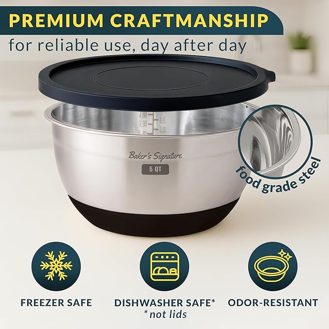 Stainless Steel Mixing Bowls with Lids Set, 5 Sizes, 3 Graters, Non-Slip Base, Airtight Lids, Metal Mixing Bowls for Kitchen, Food Prep, Storage, 0.63QT-5QT, Black