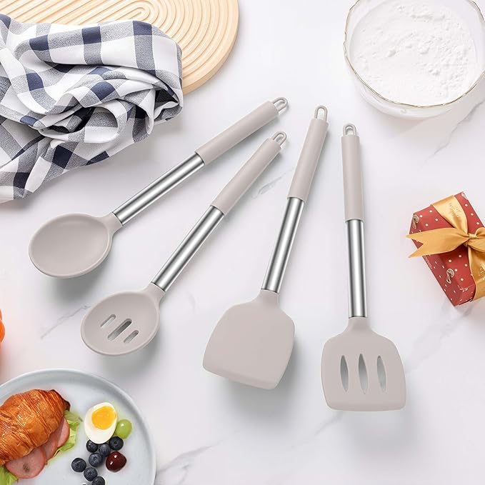 LIANYU 4Pcs Kitchen Utensils Set, Silicone Cooking Utensil Spatula Set, Heat Resistant Kitchen Tools for Nonstick Cookware, Stainless Steel Handle, Dishwasher Safe, Khaki