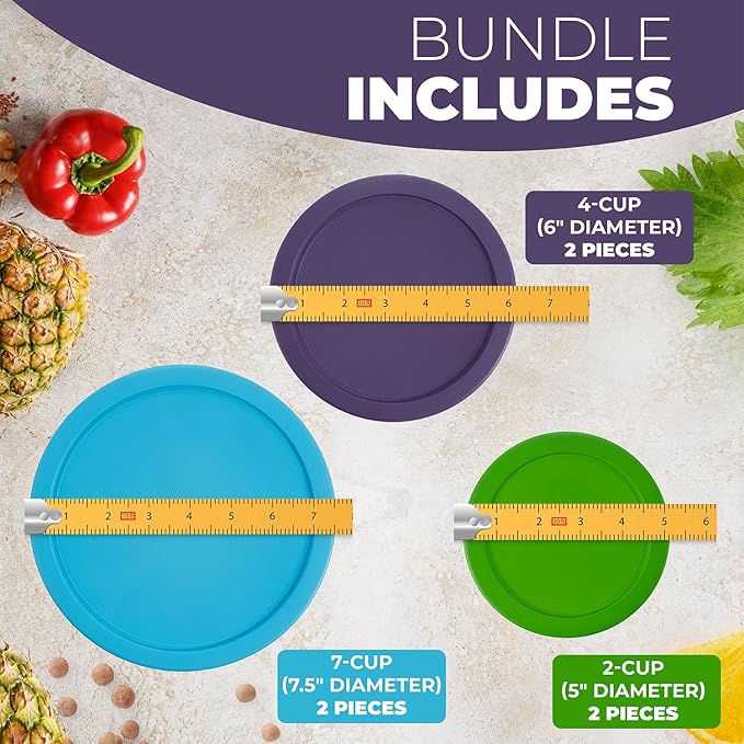 Replacement Lids for Pyrex Containers Round Glass Food Plastic (2) 2-Cup Green (2) 4-Cup Purple (2) 7-Cup Light Blue