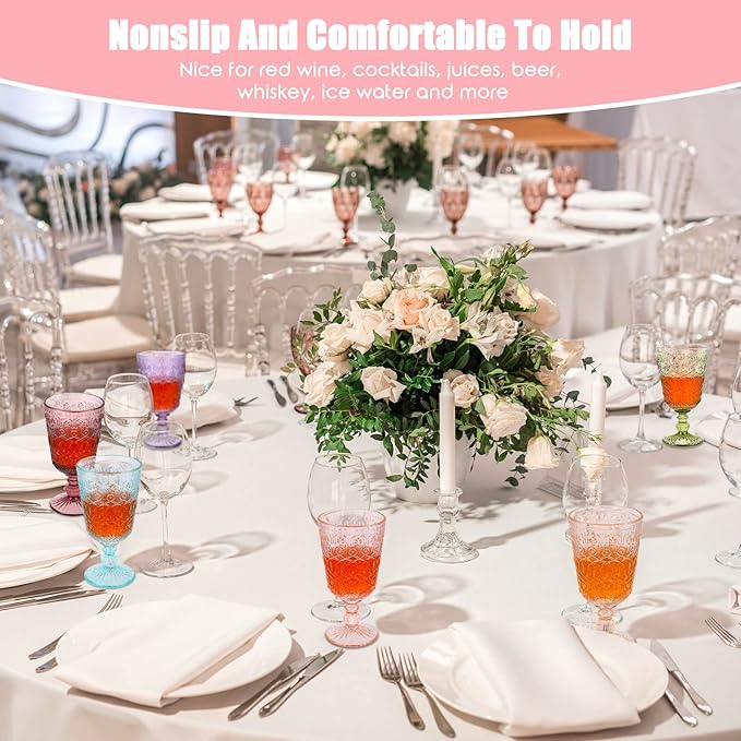 Eaasty Wine Glasses Set of 12 Vintage Goblet 9 oz Vintage Colored Glass Goblet Beverage Stemmed Glass Cups Romantic Embossed Glassware for Wedding Party Holidays Anniversary (Multi Colors)