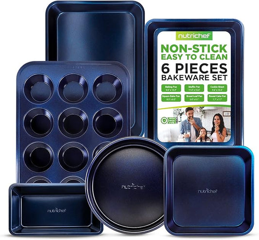 NutriChef 6-Piece Nonstick Baking Pans - Carbon Steel Non toxic Bakeware set with Cookie Sheets, Muffin, Loaf, Round & Square Pan - Restaurant Quality Baking Tray, Easy Clean, Dishwasher & Oven Safe