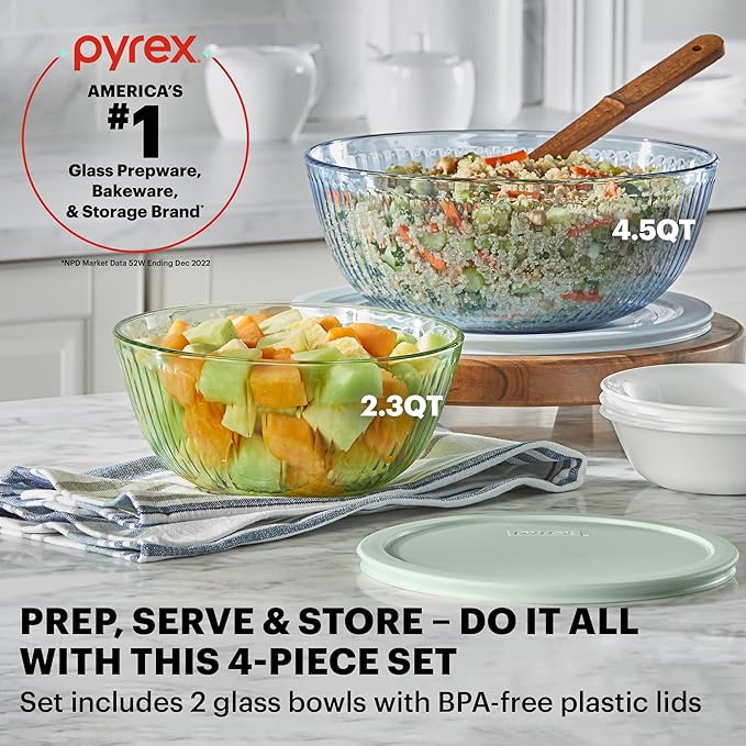 Pyrex Colors Tinted 4-PC, Medium/Large Glass Mixing Bowls With Lids, Nesting Space Saving Set of Bowls For Prepping and Baking, 2.3QT & 4.5QT