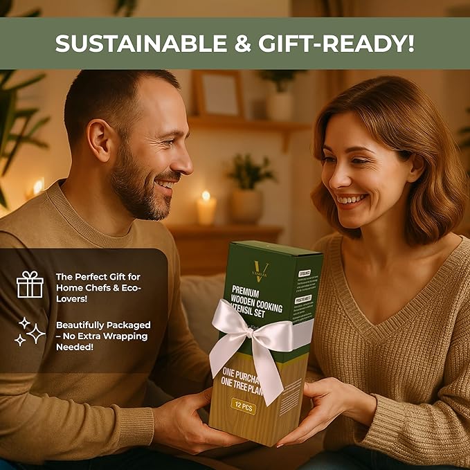 Vasilek Wooden Cooking Utensils Set – 12-Piece Acacia Wood Kitchen Utensil Set with Square Holder & Spoon Rest, Non Toxic Wooden Tools for Nonstick Cookware, Spatula, Ladle, Serving Spoon