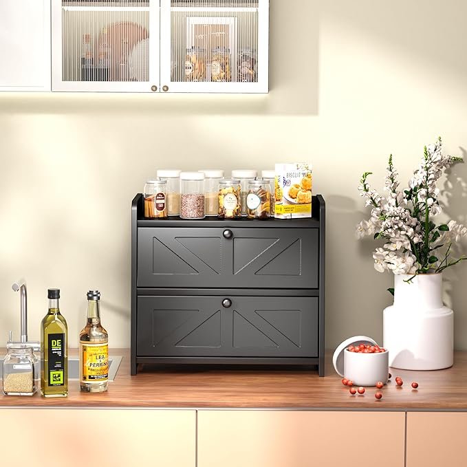 Bread Box for Kitchen Countertop, Double Layer Wooden Breadbox, Large Capacity Bread Storage Bin, Homemade Bread Storage Container, Farmhouse Breadbox Organizer, Black