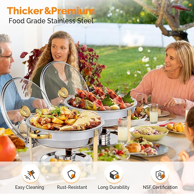 ROVSUN 5QT 4 Packs Chafing Dish Buffet Set Gold Accent, NSF Round Stainless Steel Buffet Warmer Chafers and Warmers Sets with Glass Lid & Lid Holder for Catering Events Parties Weddings Dinners