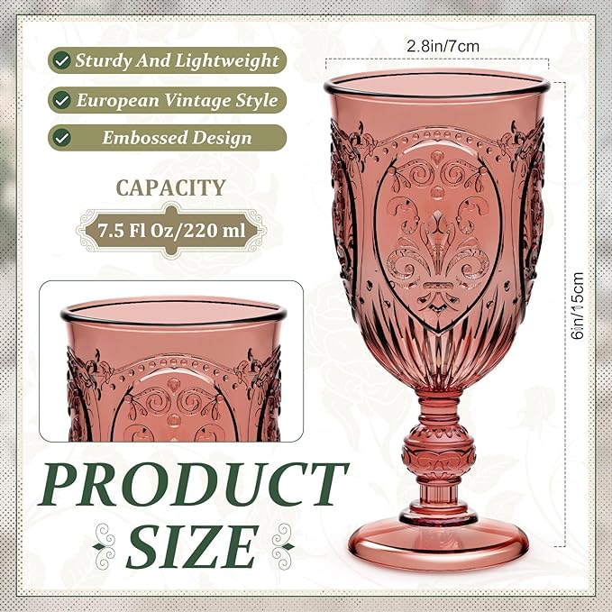 24 Pcs Plastic Goblets 7.5oz Vintage Goblet Plastic Wine Glasses Colored Retro Embossed Water Goblets for Wine Bar Juice Baby Shower Wedding Reception Grand Event Party (Mixed Color)